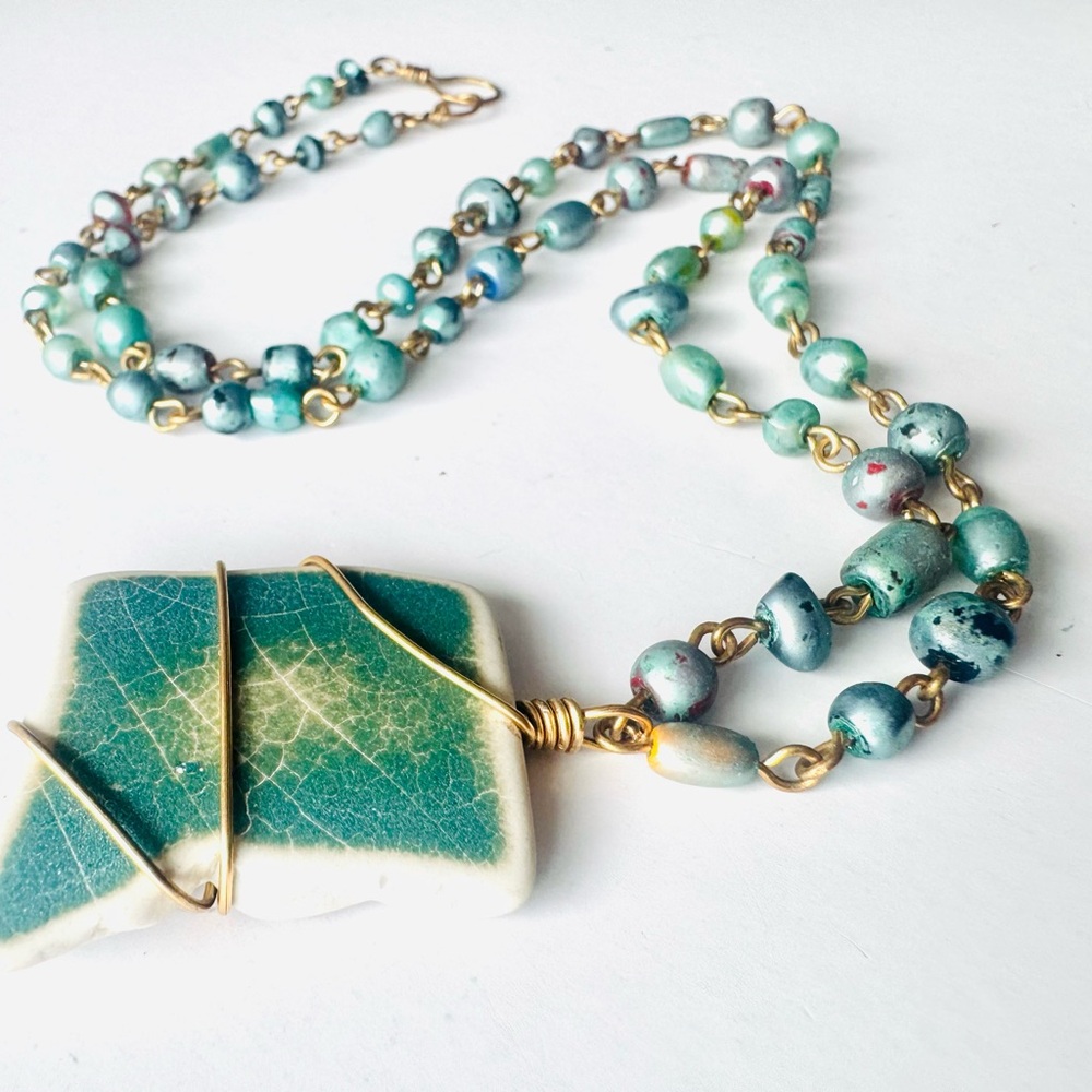Hurricane History - Handcrafted OOAK Teal Green and Gold Pendant Necklace - Picture 3 of 6